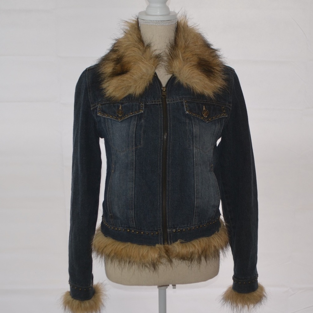 Giacca Faux Fur Denim Studded Jacket